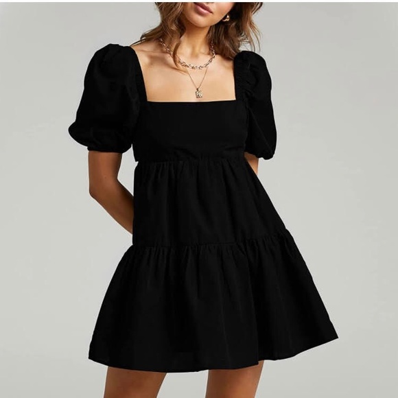 Square Neck Lantern Sleeve High Waisted Tie Back Casual A-Line Mini Dress - Picture 3 of 7